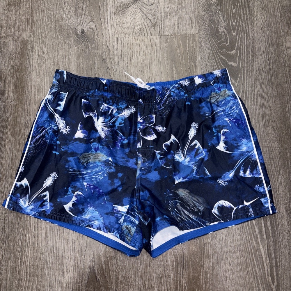 Nike Floral Swim Trunks Men's Size Large Black Blue Lined Board Shorts 4"
